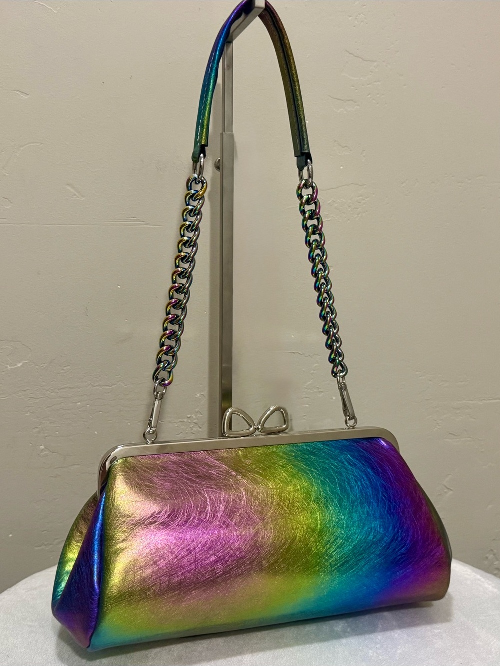 Metallic Rainbow Iridescent Leather Handmade Bow shaped Kisslock Baguette Bag